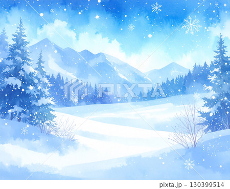 冬の雪景色と森の水彩画風イラスト 130399514