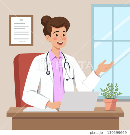 Woman doctor in white coat works in office Woman doctor in white coat works in office 130399669
