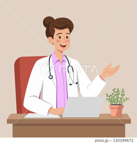 Woman doctor in white coat works in office Woman doctor in white coat works in office 130399672