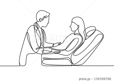 One Continuous Line Drawing of a Male Doctor Consulting with a Female Patient 130399786