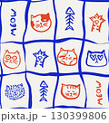 Seamless hand-drawn cat pattern with doodle cat faces, cute paw, meow lettering and wavy grid lines. 130399806