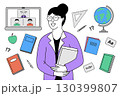 Minimalist linear illustration of a female teacher holding a book, surrounded by school elements. 130399807
