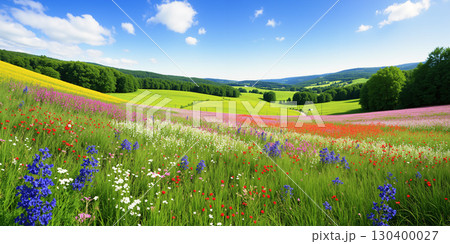 A field full of flowers in the countryside, with trees and sky as the background. A field full of flowers in the countryside, with trees and sky as the background. 130400027