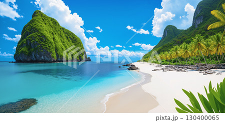 An island with white sand beaches and blue sea on a cloudy day. 130400065