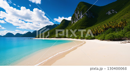 An island with white sand beaches and blue sea on a cloudy day. 130400068