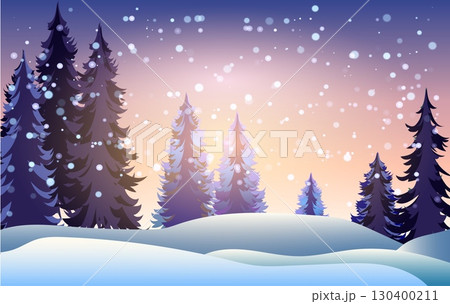 A serene winter landscape features tall evergreen trees dusted with snow under a sky filled with softly falling snowflakes. The scene captures the essence of Christmas tranquility at dusk A serene winter landscape features tall evergreen trees dusted with snow under a sky filled with softly falling snowflakes. The scene captures the essence of Christmas tranquility at dusk 130400211