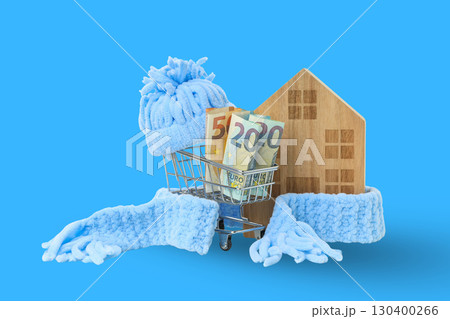 Shopping cart with cash and winter clothing for heating Shopping cart with cash and winter clothing for heating 130400266