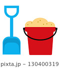 Bucket and spade with sand icon. Kid toys tools symbol. Pail shovel label, bucket and spade sign. flat style. 130400319