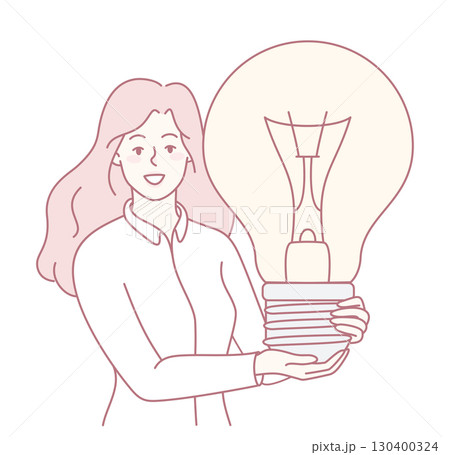 A Woman Holding a Light Bulb, Symbolizing Ideas, Innovation, and Creative Inspirations 130400324