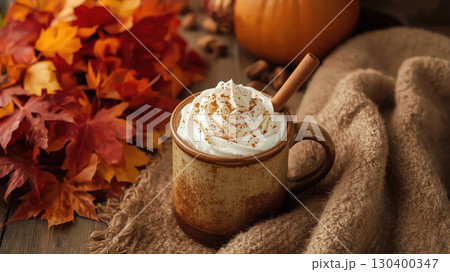 Autumn pumpkin spice latte in rustic ceramic mug with whipped cream and cinnamon stick on cozy brown knit blanket, surrounded by vibrant fall leaves. National Coffee Day concept. Autumn pumpkin spice latte in rustic ceramic mug with whipped cream and cinnamon stick on cozy brown knit blanket, surrounded by vibrant fall leaves. National Coffee Day concept. 130400347
