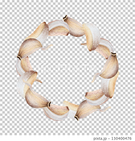 Garlic cloves wreath watercolor illustration isolated on white. Hand drawn realistic round vegetables frame in beige colors for spice recipes, traditional medicine and food cooking stickers 130400476