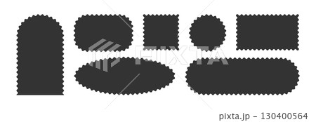 Wavy scallop edge frame set. Wave rectangle, circle, oval geometric shape. Scalloped wiggle border. Squiggly clouds square stickers. Empty text boxes. Vector illustration isolated on white background 130400564