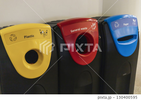 Three waste bins in a public space are clearly labeled for plastic, general waste, and paper. The bins use color coding to encourage proper recycling habits among individuals 130400595