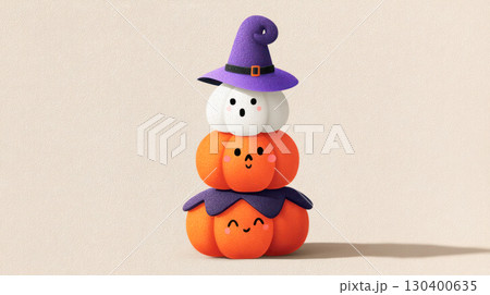 Stack of cute Halloween pumpkins and ghost with a witch hat, showcasing festive spirit and playful design for seasonal celebrations Stack of cute Halloween pumpkins and ghost with a witch hat, showcasing festive spirit and playful design for seasonal celebrations 130400635