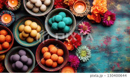 Colorful bowls filled with traditional sweets and vibrant flowers, creating a festive atmosphere for Diwali celebration with decorative candles Colorful bowls filled with traditional sweets and vibrant flowers, creating a festive atmosphere for Diwali celebration with decorative candles 130400644