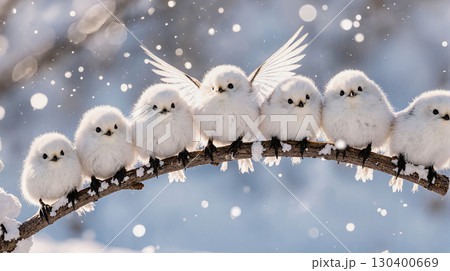 雪の枝に並ぶかわいいAiシマエナガの群れ 雪の枝に並ぶかわいいAiシマエナガの群れ 130400669