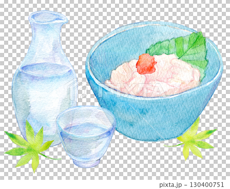 水彩イラスト　手描きイラスト　アナログ　冷酒と白子ポン酢 130400751