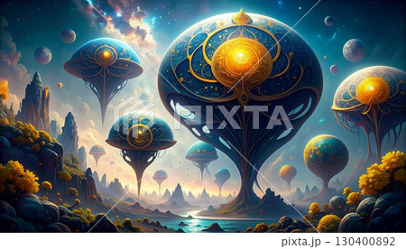黄金のコアを持つ幻想的な浮遊球体と異世界の風景 130400892