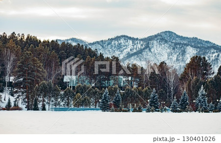 snowy mountain landscape, evergreen forest and wooden houses hidden among trees, scenic winter view of natural environment with pine trees and hills, travel, nature and seasonal ecology snowy mountain landscape, evergreen forest and wooden houses hidden among trees, scenic winter view of natural environment with pine trees and hills, travel, nature and seasonal ecology 130401026