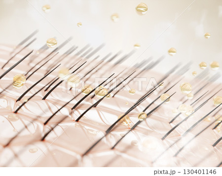 Men hair care 3d background. Skin cells of face or scalp with follicles and oil spray drops. Male shampoo or conditioner, gold liquid bubbles for beard growth. Cosmetic beauty product. 3D illustration Men hair care 3d background. Skin cells of face or scalp with follicles and oil spray drops. Male shampoo or conditioner, gold liquid bubbles for beard growth. Cosmetic beauty product. 3D illustration 130401146