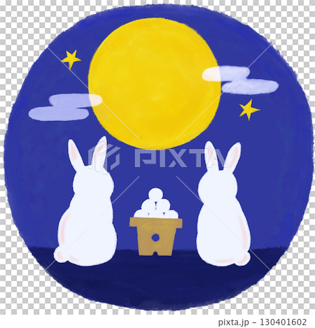 月見団子をお供えして、お月見をする2羽のうさぎ 130401602