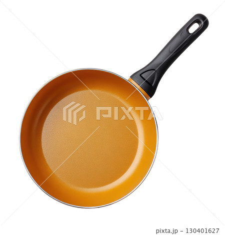High-quality orange frying pan on a white background with a sleek black handle for cooking and culinary needs 130401627