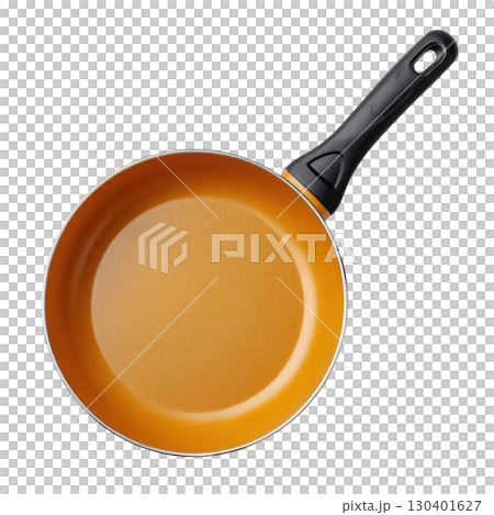 High-quality orange frying pan on a white background with a sleek black handle for cooking and culinary needs 130401627