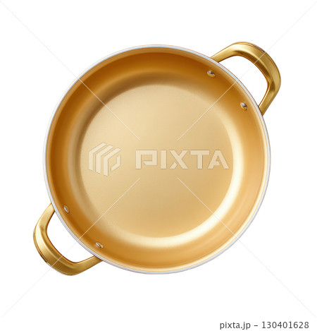 Bright and Shiny Gold Cookware Pot with Smooth Interior for Cooking and Baking in a Kitchen Setting 130401628