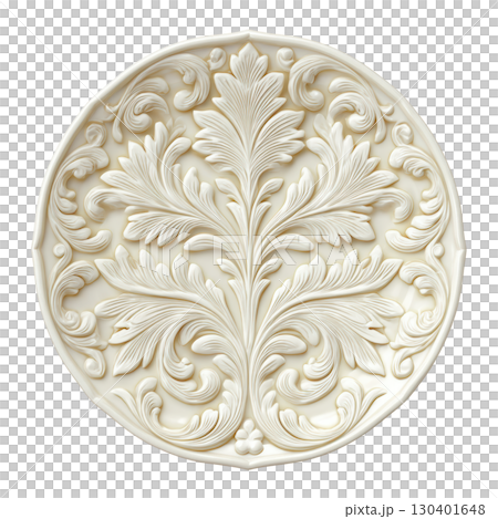 Intricate White Floral Pattern on Round Decorative Plate with Elegant Raised Design and Classic Elegance 130401648