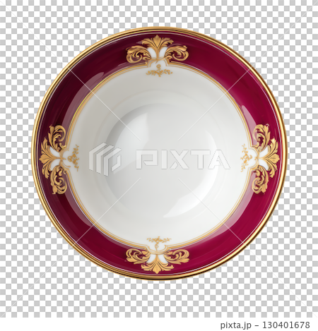 Elegant round ceramic bowl with intricate gold designs on a deep red rim perfect for dining and decorative purposes 130401678