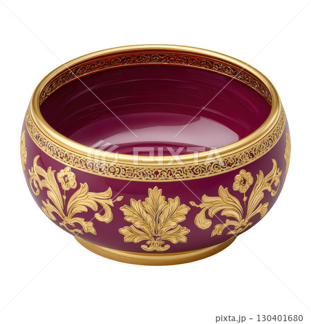 Elegant decorative bowl with intricate gold floral design on a rich burgundy background suitable for luxury display 130401680