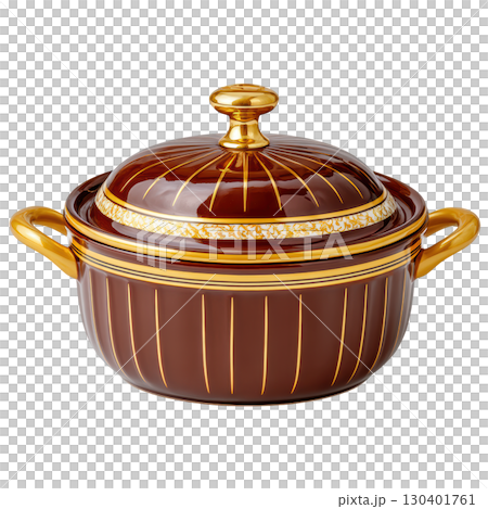 Elegant ceramic pot with gold accents and lid for stylish kitchen presentation and cooking enhancement 130401761
