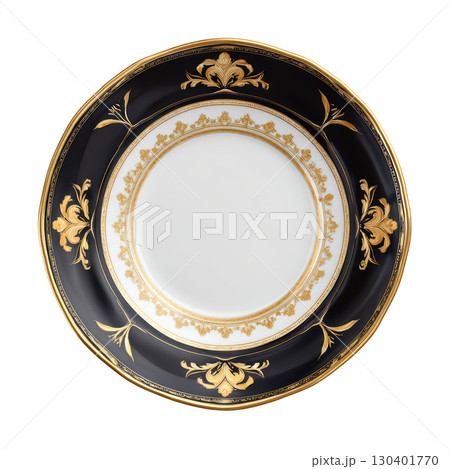 Elegant black and gold decorative plate with intricate floral design and center empty space for culinary presentation 130401770