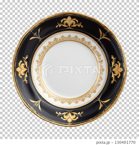 Elegant black and gold decorative plate with intricate floral design and center empty space for culinary presentation 130401770