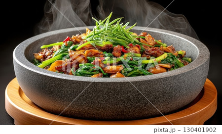 Vibrant Stir-Fried Thai Morning Glory with Garlic and Chilies Served in a Stone Bowl 130401902