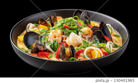 Velvety Thai Coconut Soup with Seafood, Mussels, Squid, Shrimp, Vegetables, and Herbs in a Stylish Bowl Velvety Thai Coconut Soup with Seafood, Mussels, Squid, Shrimp, Vegetables, and Herbs in a Stylish Bowl 130401965