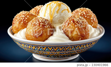 Delicious Thai Banana Fritters Battered and Fried with Sesame Seeds Served with Creamy Ice Cream and Drizzled Sauce 130401966