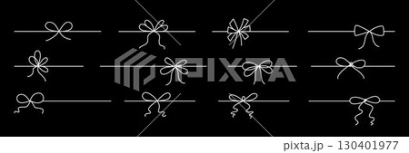 Hand drawn girly coquette bow ribbons banners set. Editable stroke line. Vector stock illustration isolated on black background for design template birthday, wedding, Christmas card, invitation, sale. 130401977