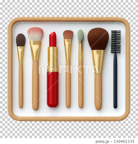 Beauty Tools Collection with Makeup Brushes and Lipstick on a White Background in a Wooden Tray 130402135