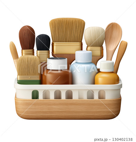 Collection of Various Brushes and Bottles in a Wooden Holder for Creative and Crafting Enthusiasts 130402138