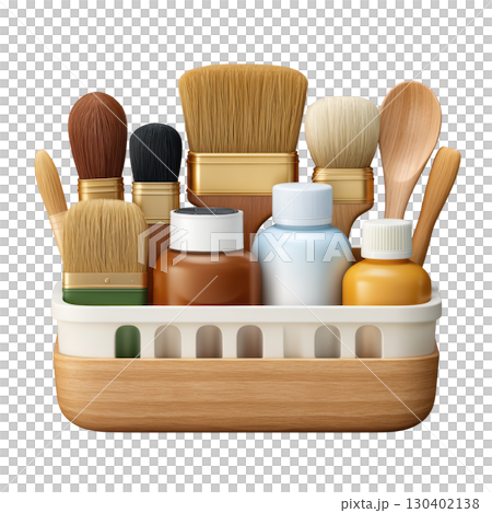 Collection of Various Brushes and Bottles in a Wooden Holder for Creative and Crafting Enthusiasts 130402138
