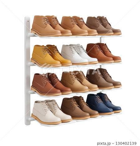 Collection of Casual Leather Shoes Displayed on a Shelving Unit for Fashion and Retail Promotion 130402139