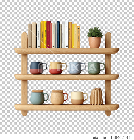 Cozy Modern Wooden Shelf Decorated with Colorful Mugs and Books in a Bright Interior Setting Cozy Modern Wooden Shelf Decorated with Colorful Mugs and Books in a Bright Interior Setting 130402146