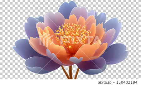 Vibrant Floral Design Featuring Orange and Purple Petals with Intricate Golden Stamen Against a Soft Background 130402194