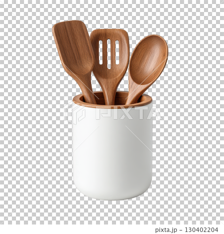 White Container with Wooden Kitchen Utensils on a Plain Background for Cooking and Food Preparation White Container with Wooden Kitchen Utensils on a Plain Background for Cooking and Food Preparation 130402204