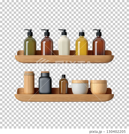 Stylish wooden shelves displaying various bottles and containers in a minimalist bathroom decor setting 130402205