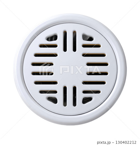Round White Drain Cover with Ventilation Slots for Bathroom or Kitchen Use, Isolated on White Background 130402212