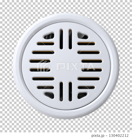 Round White Drain Cover with Ventilation Slots for Bathroom or Kitchen Use, Isolated on White Background 130402212