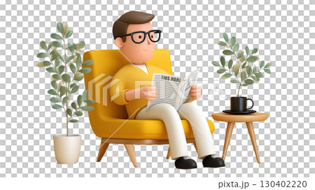 Cozy Indoor Scene with Cartoon Man Reading Newspaper in Bright Yellow Armchair Surrounded by Indoor Plants 130402220