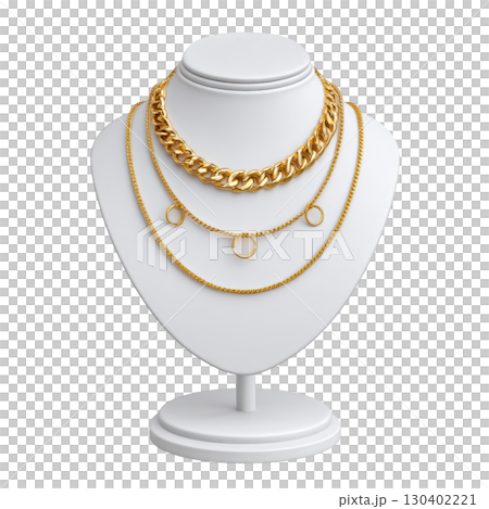 Elegant Display of Layered Gold Necklaces on a Jewelry Stand for High-End Fashion and Accessory Photography 130402221